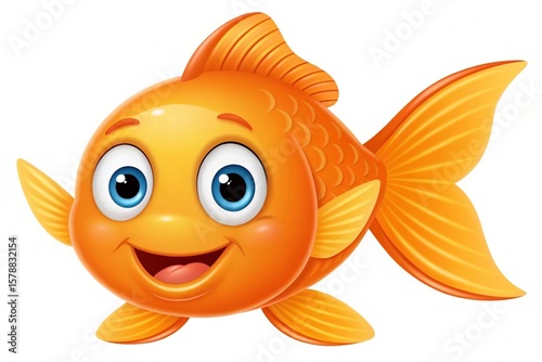 Delightful orange cartoon goldfish with big blue eyes swimming against a white backdrop.