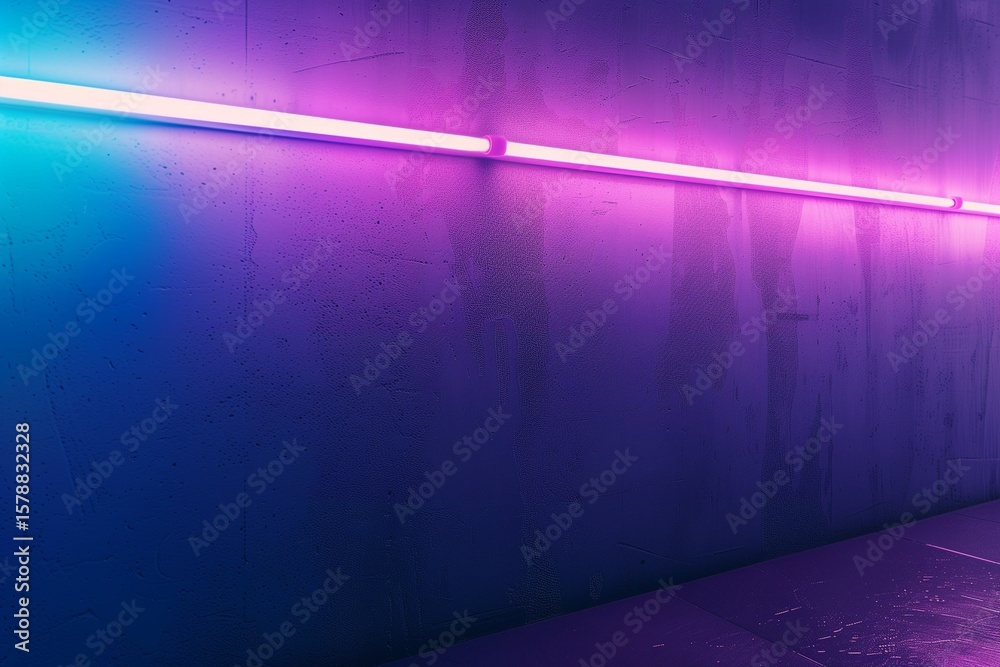 Obraz premium Modern wall with neon LED strip lights, moody purple and blue color palette, cyber aesthetic background, minimal studio setup.