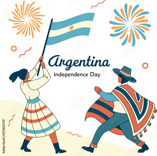 argentina independence day people dancing holding flag art