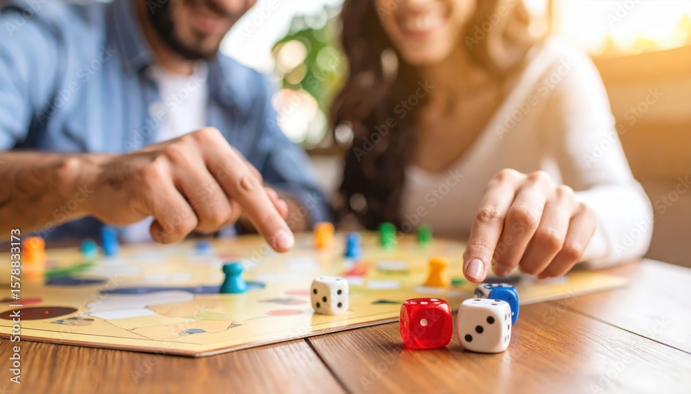 Fototapeta premium Two friends enjoying a board game on a wooden table, with colorful game pieces and dice, sunlight streaming in