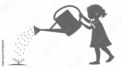 Tiny Gardener Silhouette with Oversized Watering Can – Growth and Care Concept