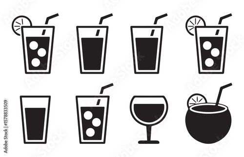 Drink Glass Icons Set Black Beverage Vector Illustrations with Straws and Garnish