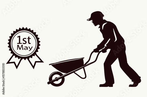 Silhouette of Worker Pushing Wheelbarrow with 1st May Badge Vector