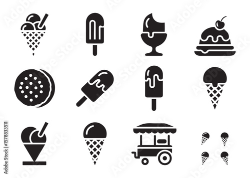 Ice Cream and Food Icons Set Solid Black Dessert Vector Collection