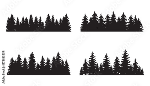 Pine Tree Forest Silhouette Icons Black Evergreen Landscape Vector Set