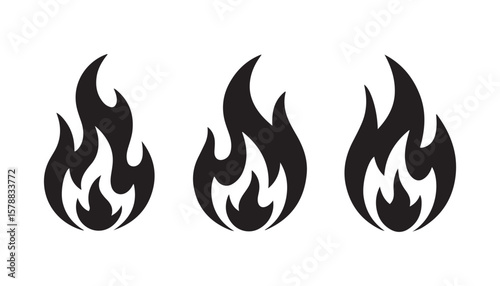 Triple Fire Flame Icons Bold Black Burning Symbol Silhouettes for Tattoo, Sticker, Vector Art