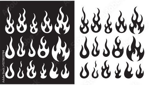 Flame Icon Set Black and White Fire Vector Silhouettes for Tattoo, Sticker, and Graphic Design