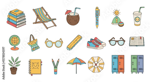 A collection of summer and school themed icons including books, a beach chair, coconut drink, pen, hat, drink, fan, bag, sunglasses, pencil case, sneakers, g...