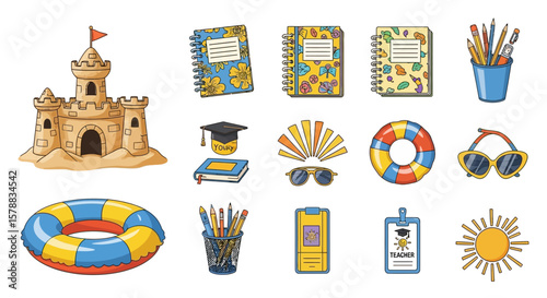Illustration of a sandcastle, notebooks, graduation cap, sunglasses, life preserver, pencils, and other school and summer themed items on a white background.