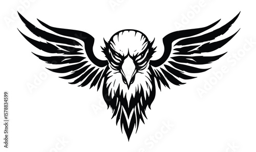 Tribal Eagle Head Vector with Spread Wings in Black Ink