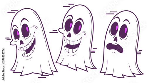 Three cartoon ghosts with different expressions one winking and grinning another laughing joyfully and the third looking surprised and scared all with purple eyes and outline