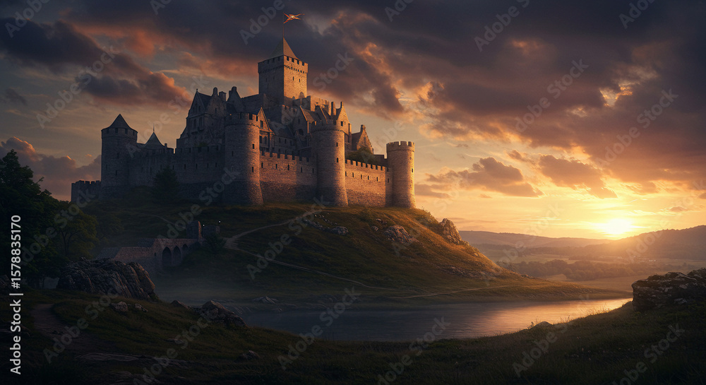 Fototapeta premium Majestic Medieval Castle at Sunset Overlooking Scenic Landscape