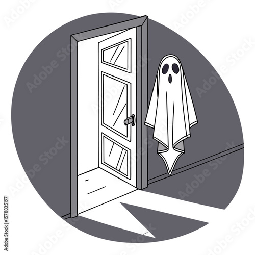 A cartoon ghost with a surprised expression floats beside an open door with glass panes casting a shadow on the floor