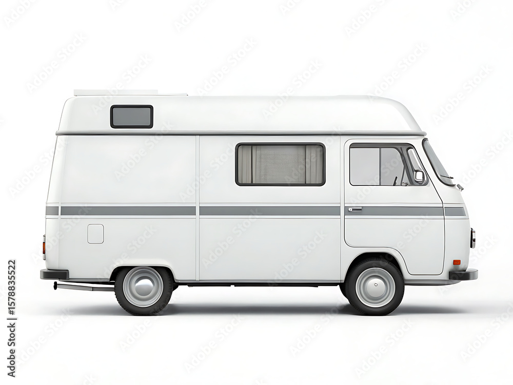 Naklejka premium Side view of a white camper van with gray stripe and a raised roof on a white background studio shot
