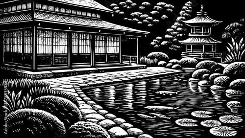 Japanese style villa with sliding shoji doors, Zen garden, and koi pond, captured in elegant black and white line art illustration for cultural, spa, and minimalistic architecture project