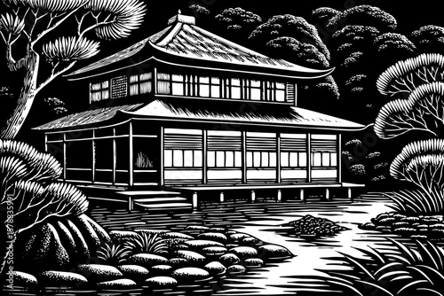 Japanese style villa with sliding shoji doors, Zen garden, and koi pond, captured in elegant black and white line art illustration for cultural, spa, and minimalistic architecture project