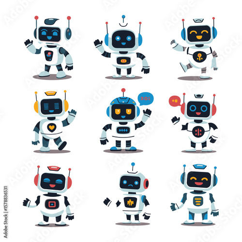 Ai chatbot character icons set, artificial intelligence robot assistant, modern technology cute internet bot concepts, vector illustrations