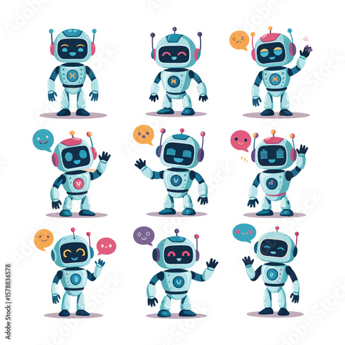 chatbot character set vector, ai robot assistant icons, artificial intelligence bot design, modern internet tech support mascot illustrations