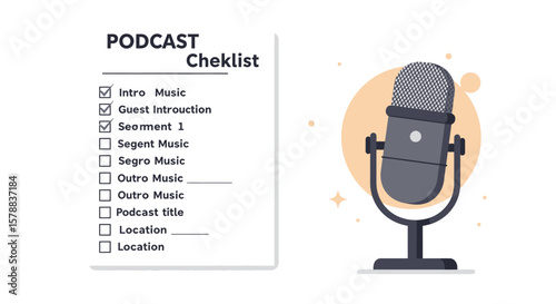 Gray Podcast Microphone with Mesh Grille and Stand on Peach Circle Background.