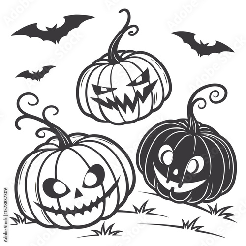 Three spooky carved halloween pumpkins with different scary and happy faces surrounded by flying bats and grass in a black and white illustration style