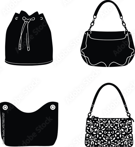 Minimalist Handbag Silhouette Quartet Featuring Rounded Drawstring Pouch, Curved Twin-Handle Shoulder Bag, Rectangular Eyelet Tote, and Floral-Patterned Satchel—Celebrating Functional Style, Personal 