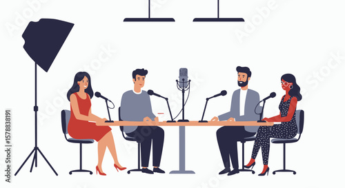 Podcast Recording Session with Four People at a Table with Microphones.