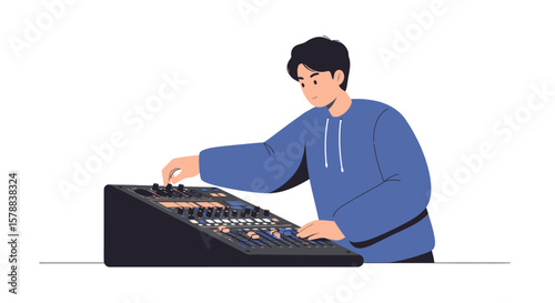 Cartoon Man Adjusting Audio Mixer with Knobs and Sliders in Studio.