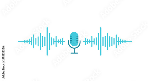 Teal Microphone with Sound Waves Graphic Illustration on White Background.