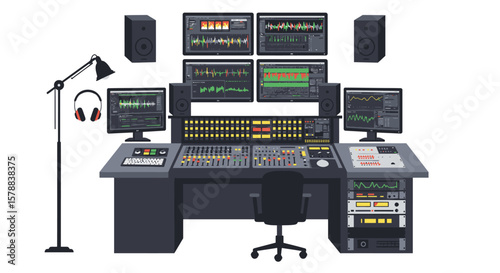 Professional Audio Mixing Console with Monitors Speakers and Studio Equipment.