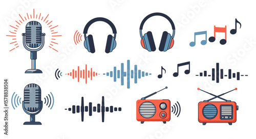 Colorful Radio and Music Icons: Microphones Headphones Radios and Sound Waves.