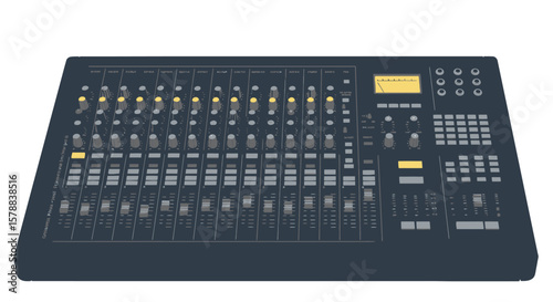 Dark Gray Audio Mixing Console with Faders Knobs and VU Meter.