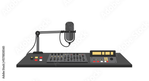 Podcast Studio Equipment: Microphone Mixer and Control Panel Illustration.