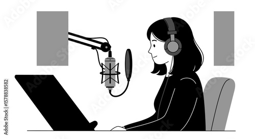 Woman Recording Podcast with Microphone and Headphones in Studio Illustration.