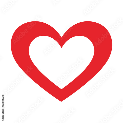 A red heart shape with a hollow center symbolizes love, isolated on white background