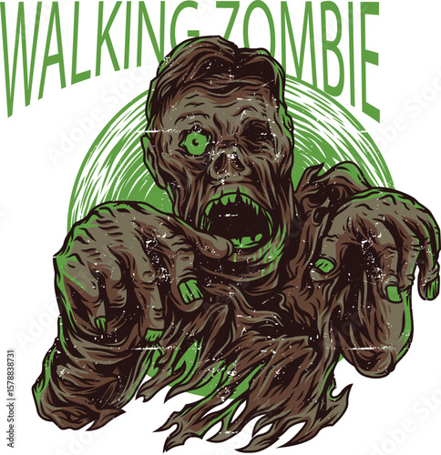Green alien monster face art illustration with a scary black demon skull