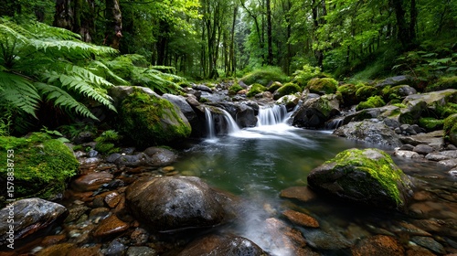 Lush Green Forest with Flowing Stream and Moss-Covered Rocks in a Tranquil Natural Setting