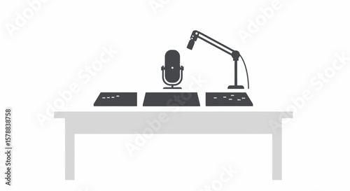 Podcast Recording Setup with Microphone Mixer and Adjustable Arm on Table.