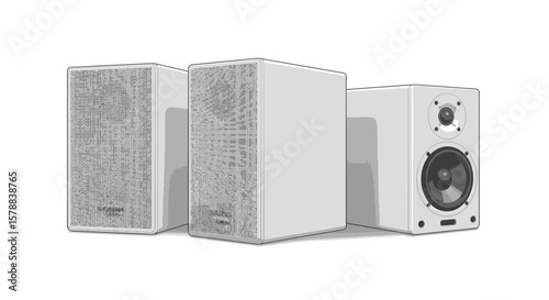 Three White Audio Speakers with Grille and Visible Drivers Studio Monitors.