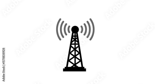 Black Communication Tower Icon with Gray Signal Waves Illustration.
