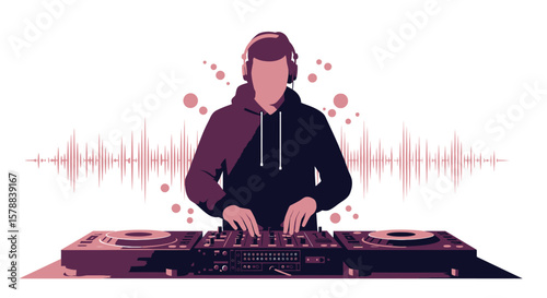 DJ Mixing Music with Turntables and Headphones in Dark Purple Tones.