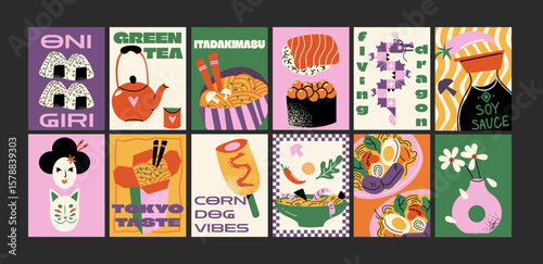 Japanese asian culture posters in minimalist style. Cartoon traditional motifs, sushi, geisha, koi fish, sakura blossoms and ramen. Wall decor, trendy banners. Decor of wallpaper, print and placard