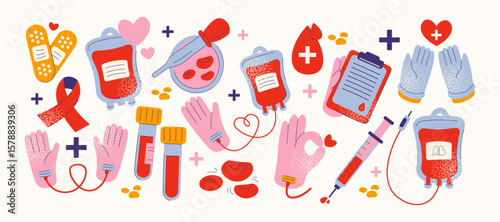 Blood donation icons in retro cartoon style. Medical set: blood bag, test tubes, gloves, syringe, drop, clipboard. Healthcare support concept, illustration in funky, doodle style, trendy sticker set.