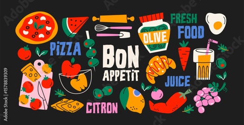 Food stickers set in retro cartoon style. Italian-inspired elements: pasta, pizza, moka pot, wine, vegetables, fruits,fish, breakfast, kitchen phrases and utensils. Illustration in funky, doodle style