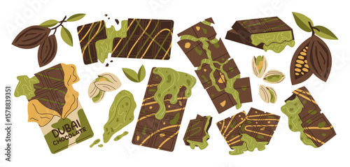 Dubai chocolate stickers in retro cartoon style. Arabic sweets: pistachio nuts cream bars, kataifi dough chocolate, pistachio paste, luxury Middle Eastern desserts.Trendy knafeh sweets 