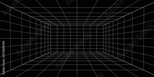 Empty futuristic digital box room grey-black background with white grid space line color surface. Network cyber technology. banner, cover, terrain, sci-fi, wireframe, and related to background.