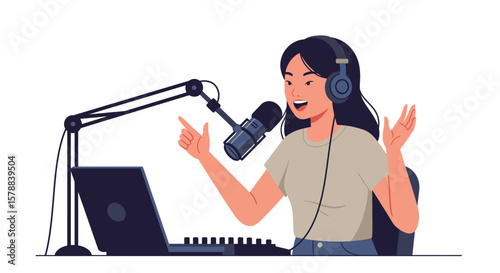 Animated Woman Recording Podcast with Microphone and Laptop Wearing Headphones.