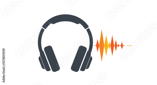 Dark Gray Headphones with Orange and Yellow Sound Wave Illustration.