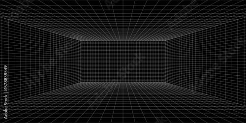 Empty futuristic digital box room grey-black background with white grid space line color surface. Network cyber technology. banner, cover, terrain, sci-fi, wireframe, and related to background.