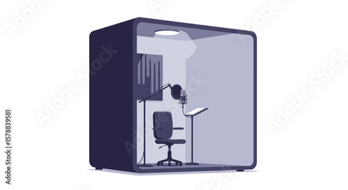 Soundproof Recording Booth with Microphone Chair and Music Stand Illustration.