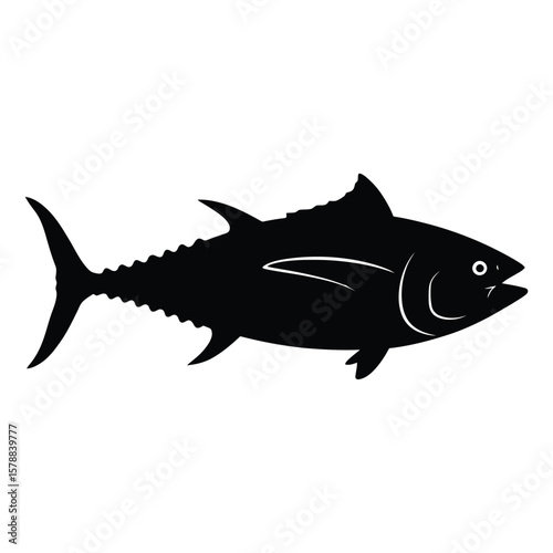 A black tuna silhouette is isolated on white background, swimming gracefully through the ocean